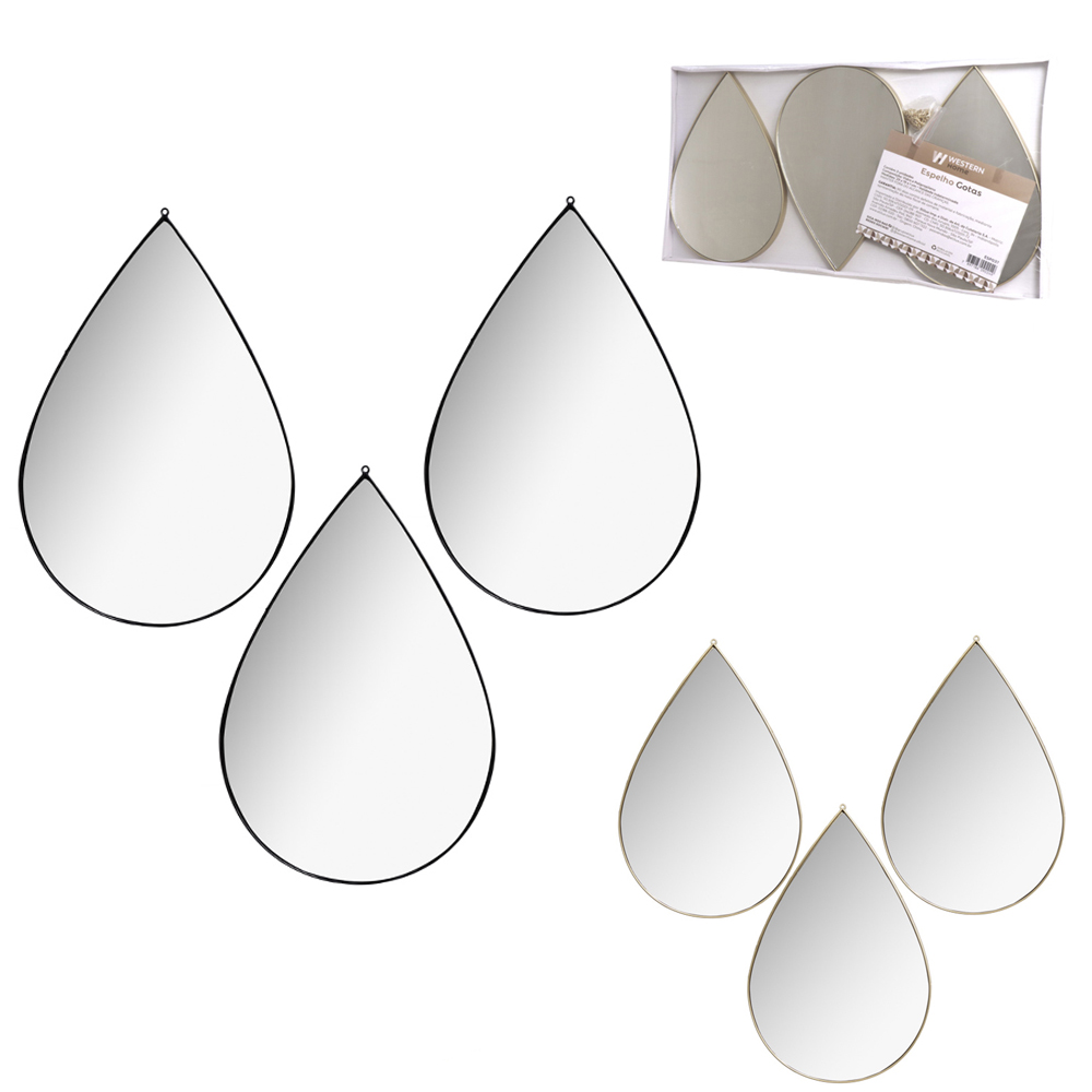 ESPELHO DE PENDURAR EMOLDURADO GOTA DECORATIVO + ALCA CORRENTE BLACK / METALIZADO DOURADO COM 3 PECAS 29X19CM