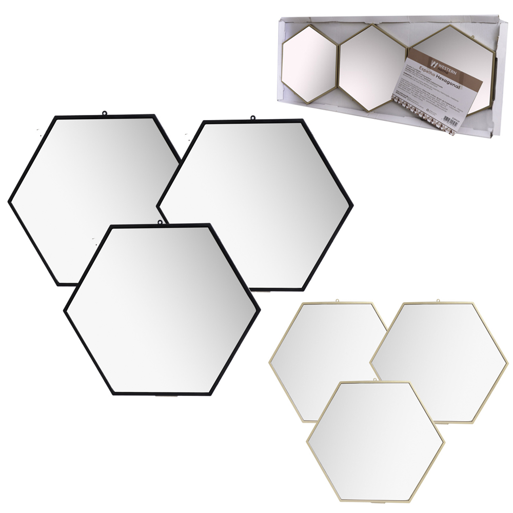 ESPELHO DE PENDURAR EMOLDURADO HEXAGONAL DECORATIVO + ALCA CORRENTE BLACK / METALIZADO DOURADO 3 PECAS 22X20CM