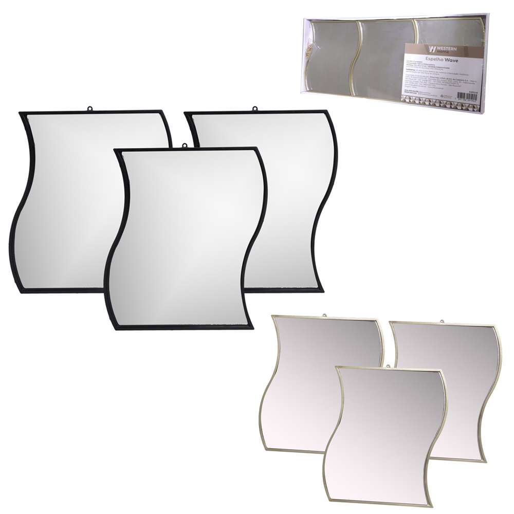 ESPELHO DE PENDURAR EMOLDURADO WAVE DECORATIVO + ALCA CORRENTE BLACK / METALIZADO DOURADO COM 3 PECAS 22X16CM