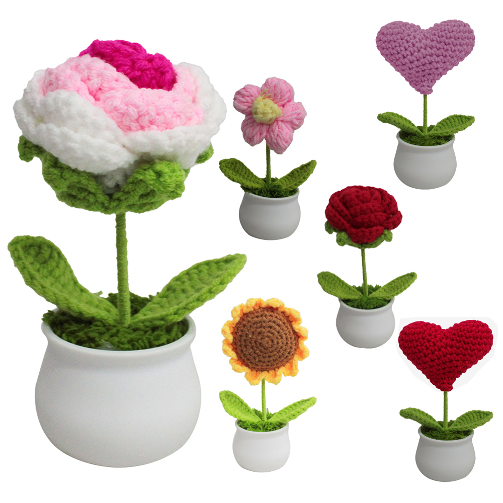 FLOR DE CROCHE COM VASO DE PLASTICO REDONDO 13,5X6CM DE Ø VCF
