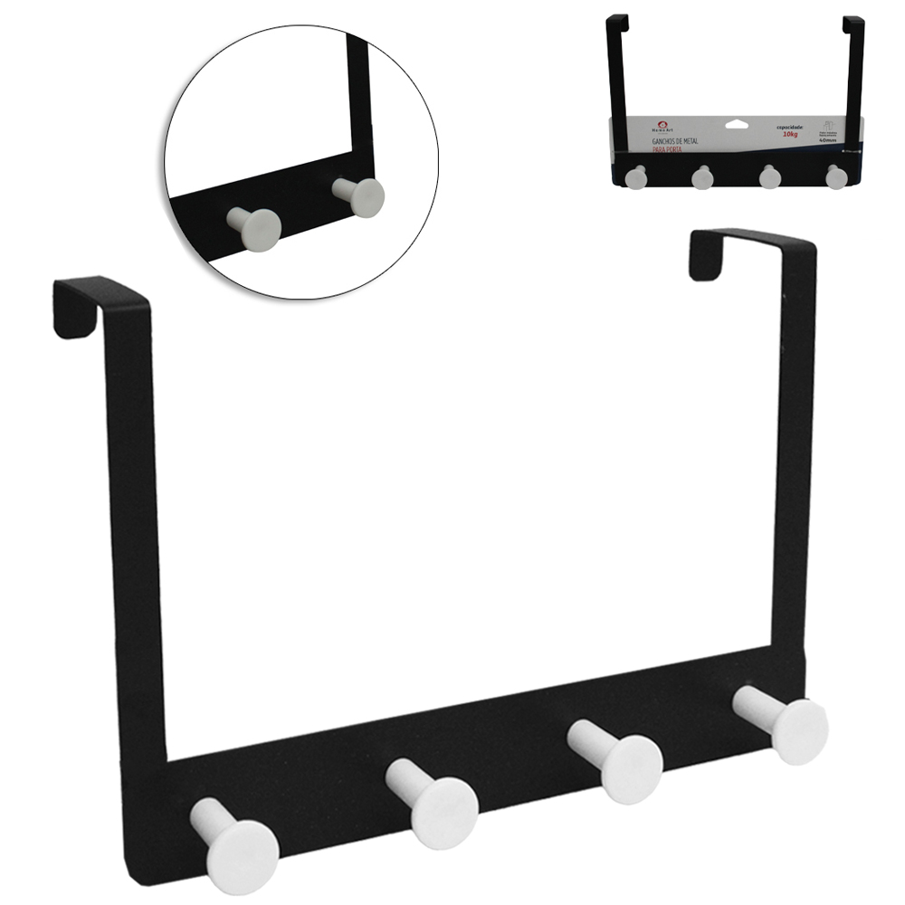 CABIDE GANCHO DE METAL PARA PORTA BLACK COM 4 GANCHOS DE PLASTICO WHITE 26,5X18,5X7CM
