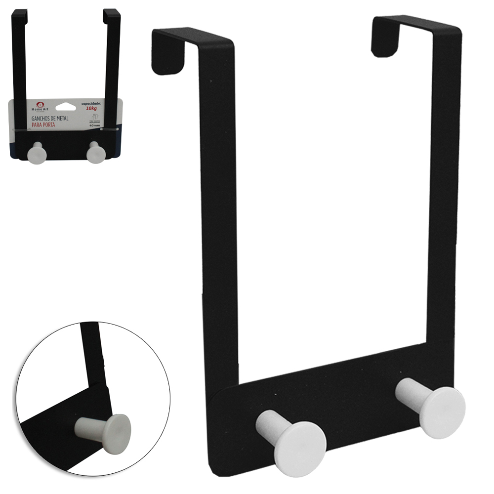 CABIDE GANCHO DE METAL PARA PORTA BLACK COM 2 GANCHOS DE PLASTICO WHITE 18X12,5X7CM