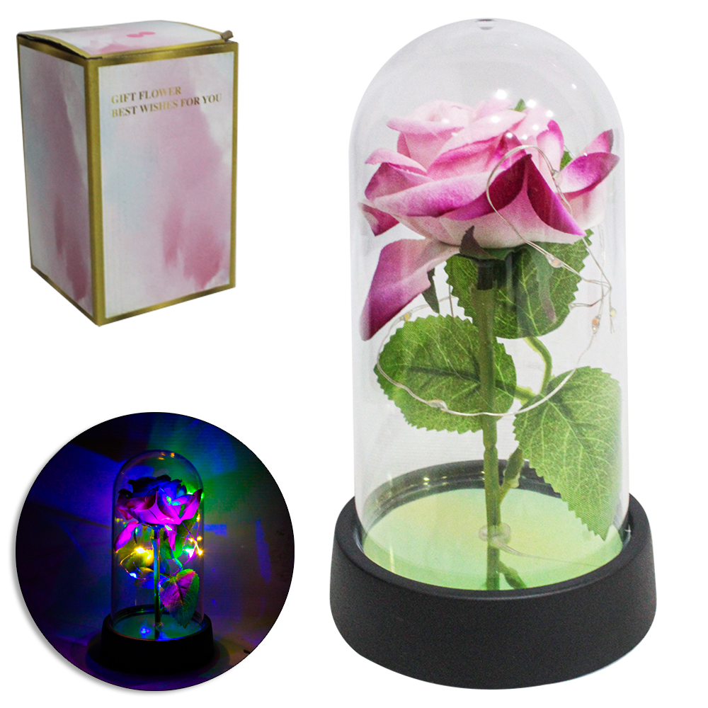 ENFEITE CUPULA COM FLOR TECIDO + MICRO LED E BASE DE PLASTICO A BATERIA 14,5X8,5CM DE Ø