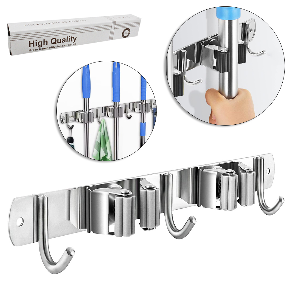 SUPORTE PORTA VASSOURA COM 3 ENCAIXES + 4 GANCHOS DE INOX 38X5X3,5CM