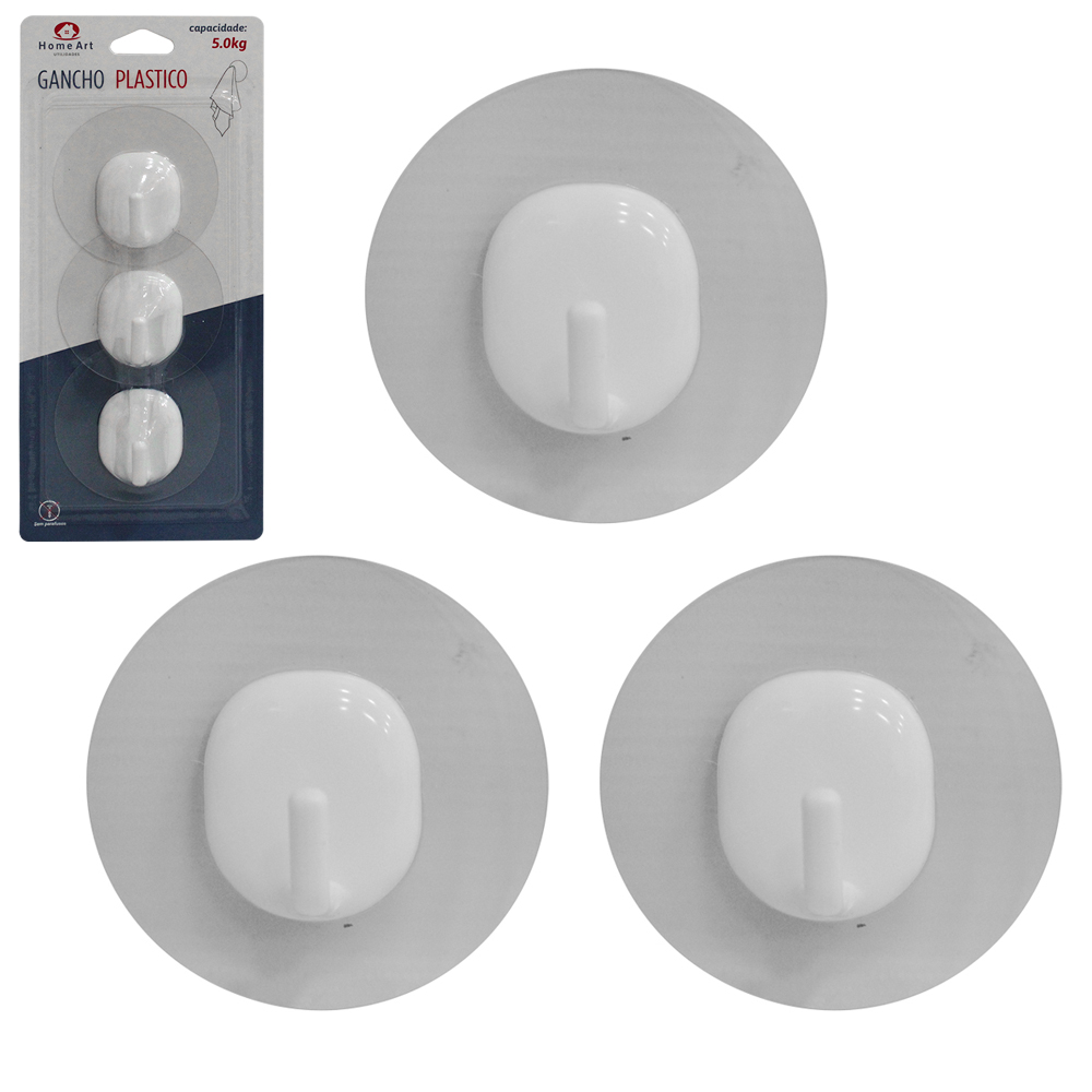 CABIDE GANCHO DE PLASTICO REDONDO AUTOADESIVO TRANSPARENTE COM 3 PECAS 2X6CM DE Ø