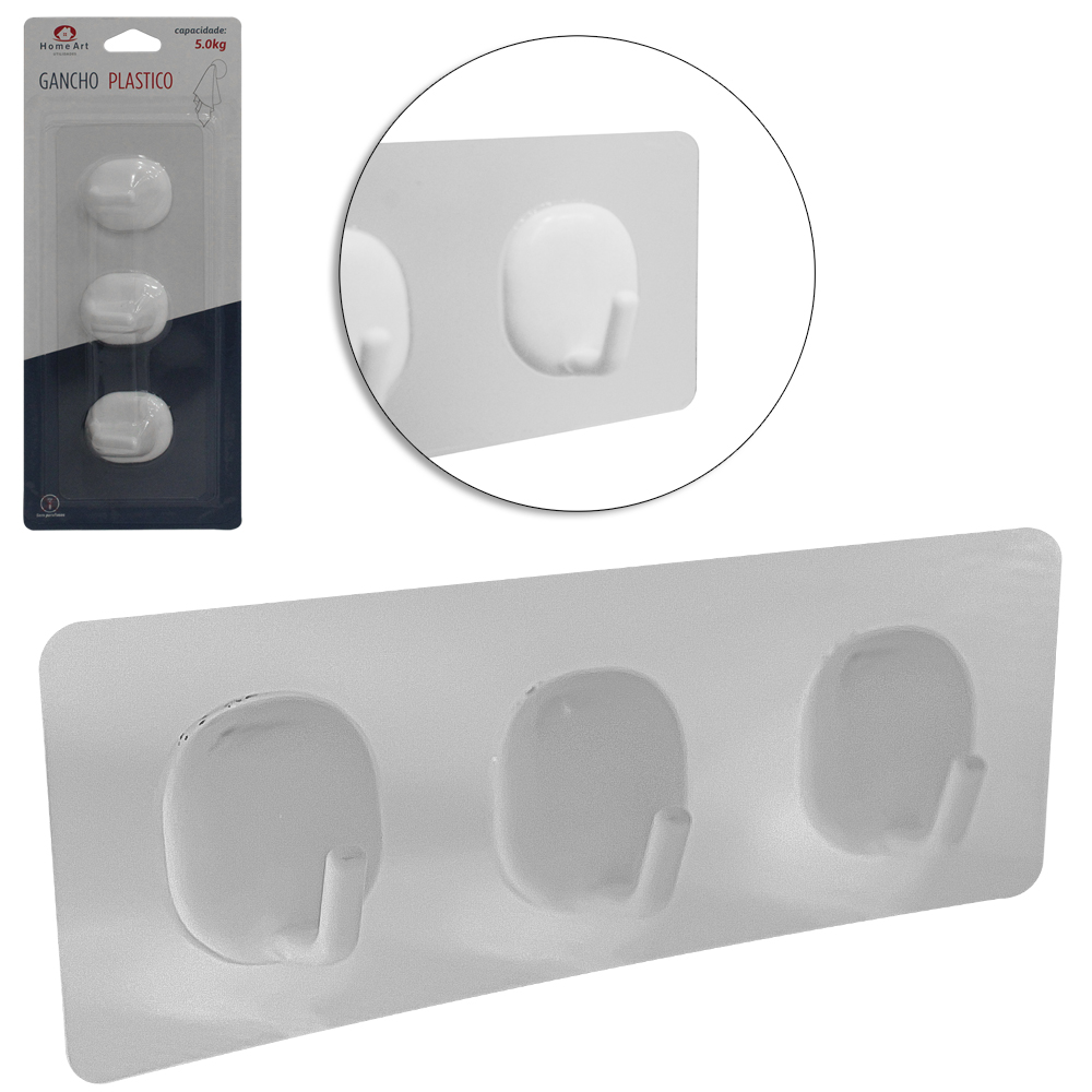 CABIDE GANCHO DE PLASTICO RETANGULAR COM 3 GANCHOS AUTOADESIVO TRANSPARENTE 16X6X2CM
