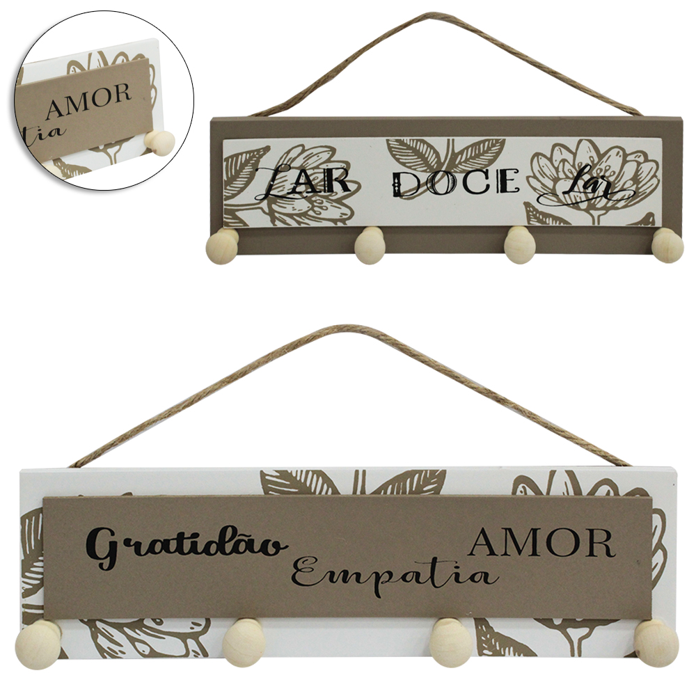 PORTA CHAVE / CABIDEIRO DE MADEIRA MDF RETANGULAR FRASES COM 3 GANCHOS 25X7CM