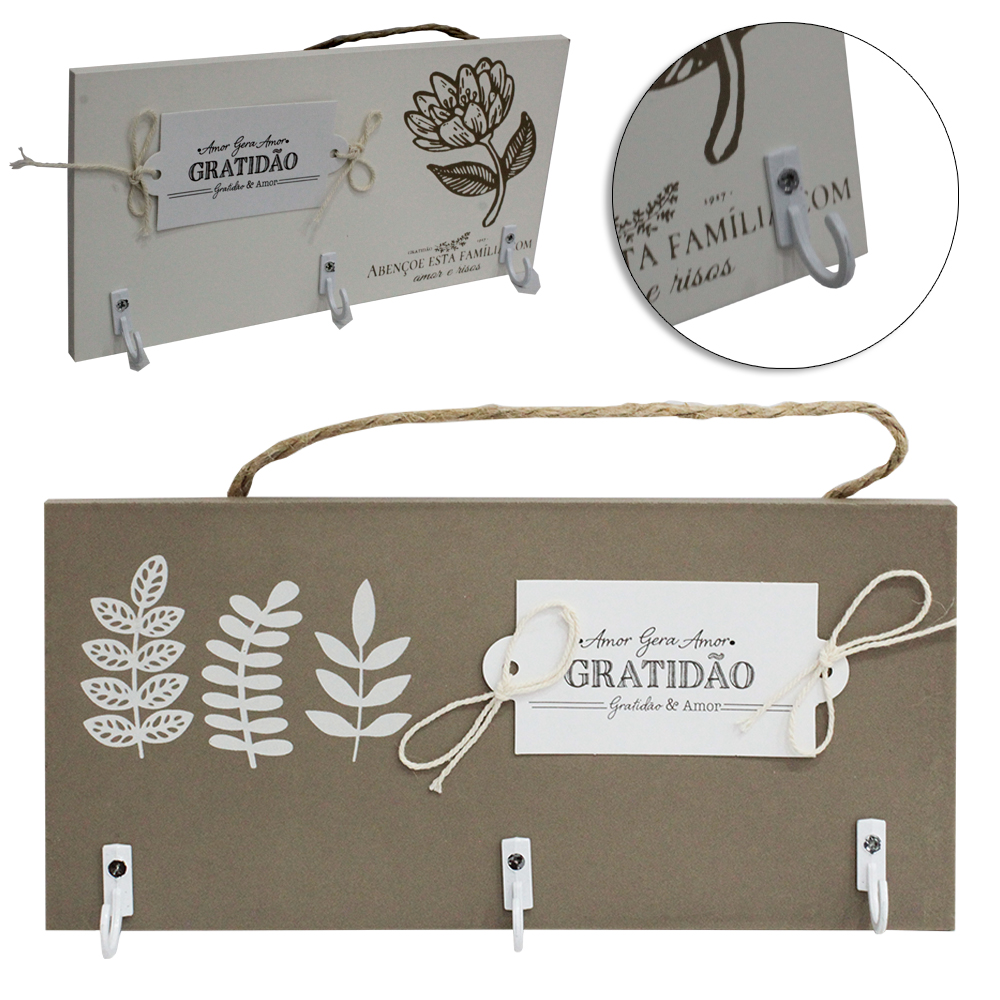 PORTA CHAVE DE MADEIRA MDF COM 3 GANCHOS DE METAL 20X10CM