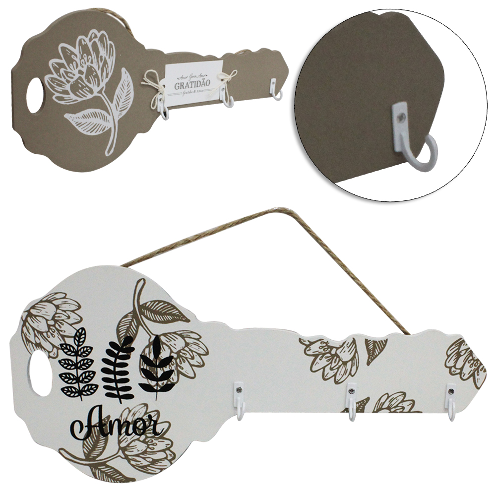 PORTA CHAVE DE MADEIRA MDF MODELO CHAVE PALAVRAS COM 3 GANCHOS DE METAL 30X14CM