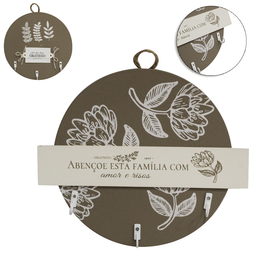 PORTA CHAVE DE MADEIRA MDF REDONDO FRASES COM 3 GANCHOS DE METAL 18CM DE Ø