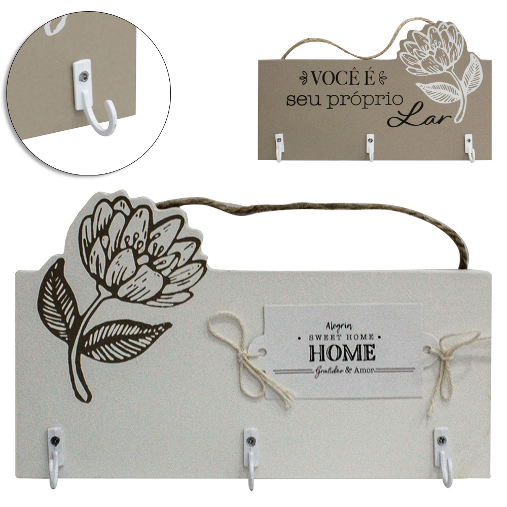PORTA CHAVE DE MADEIRA MDF RETANGULAR FRASES COM 3 GANCHOS DE METAL 20X12,5CM