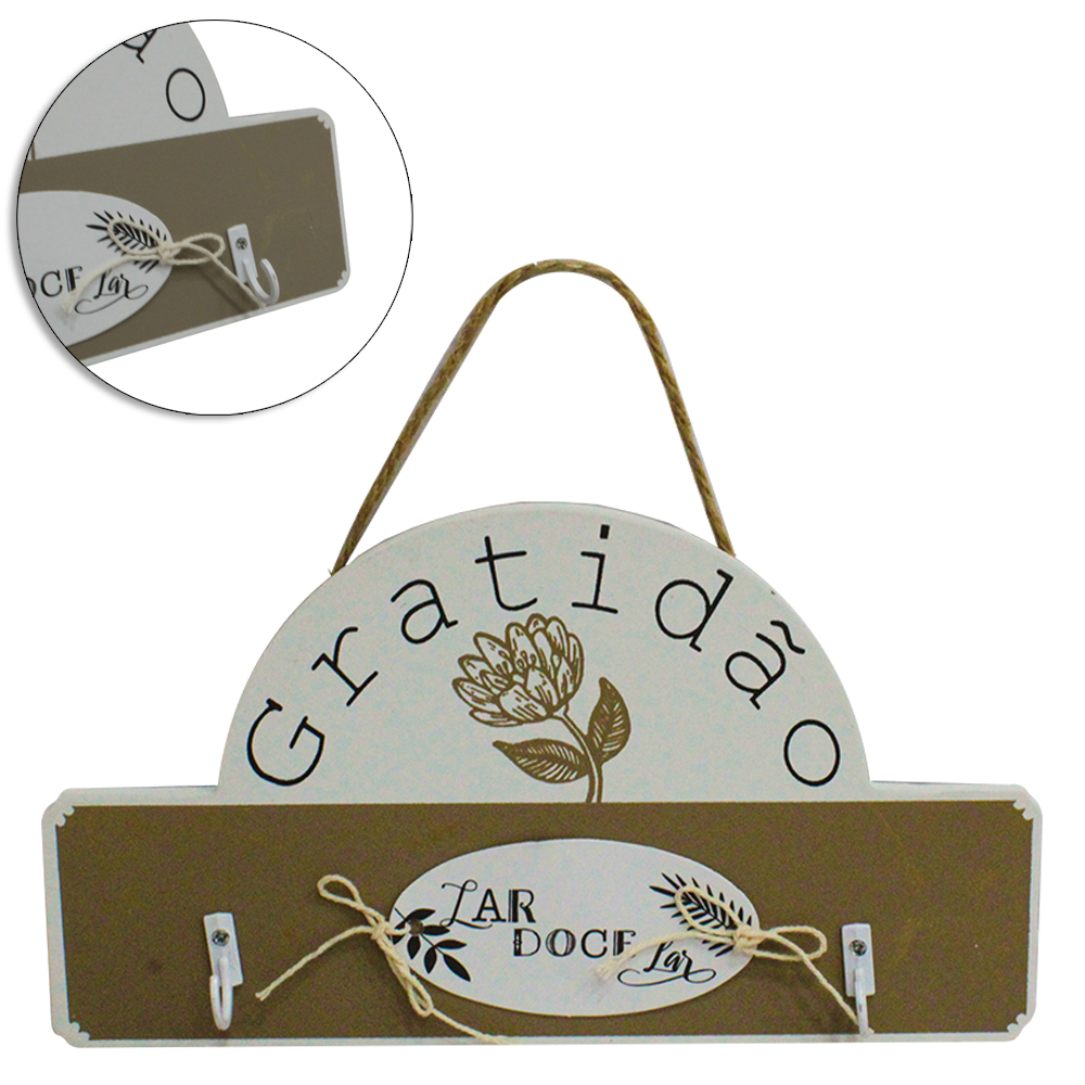 PORTA CHAVE DE MADEIRA MDF RETANGULAR FRASES COM 2 GANCHOS DE METAL 21,5X12CM