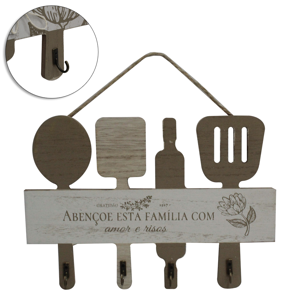 PORTA CHAVE DE MADEIRA MDF UTENSILIOS FRASES COM 4 GANCHOS DE METAL 25X17,5CM