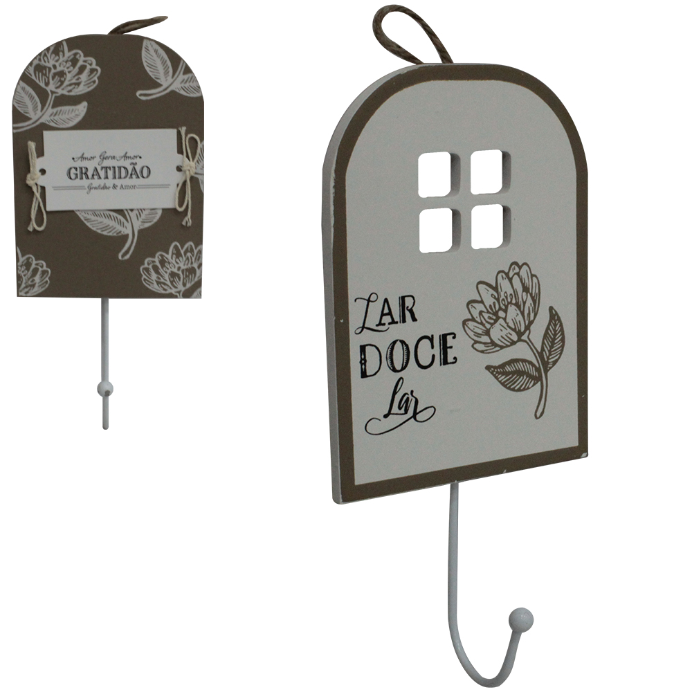 PORTA CHAVE / PANO DE MADEIRA MDF FRASES COM GANCHO DE METAL 20X9,5CM