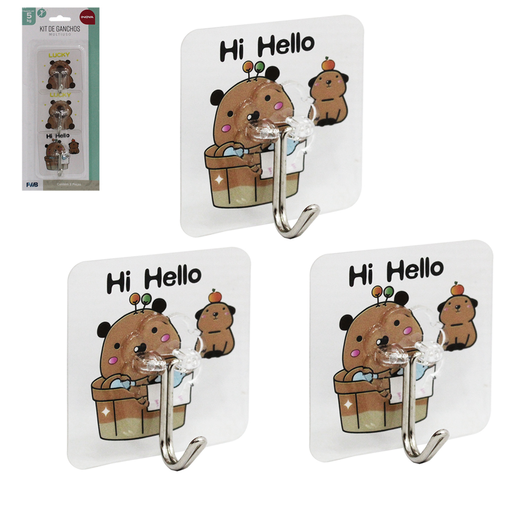 CABIDE GANCHO DE METAL QUADRADO CAPIVARA AUTOADESIVO INOVA COM 3 PECAS 5,8X5,8CM