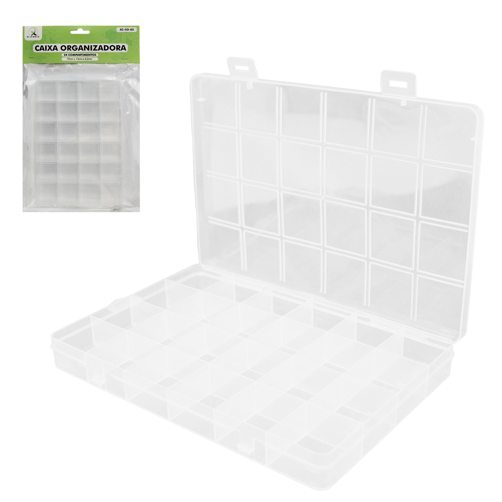 ESTOJO CAIXA ORGANIZADOR DE PLASTICO RETANGULAR 24 COMPARTIMENTOS (DIVISORIAS) + TRAVA X-CELL 19X13X2,2CM
