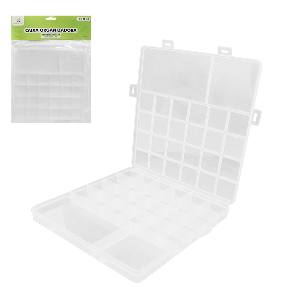 ESTOJO CAIXA ORGANIZADOR DE PLASTICO RETANGULAR 26 COMPARTIMENTOS (DIVISORIAS) + TRAVA X-CELL 20X19X1,8CM