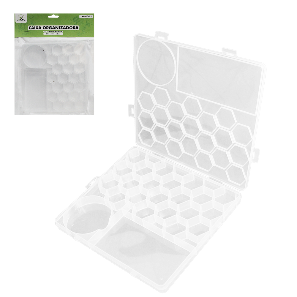 ESTOJO CAIXA ORGANIZADOR DE PLASTICO RETANGULAR 23 COMPARTIMENTOS (DIVISORIAS) + TRAVA X-CELL 20X18X1,8CM