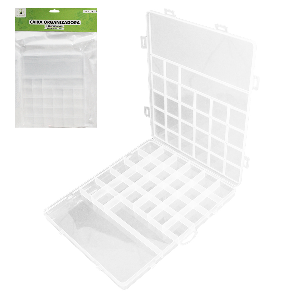ESTOJO CAIXA ORGANIZADOR DE PLASTICO RETANGULAR 28 COMPARTIMENTOS (DIVISORIAS) + TRAVA X-CELL 23X19X1,8CM