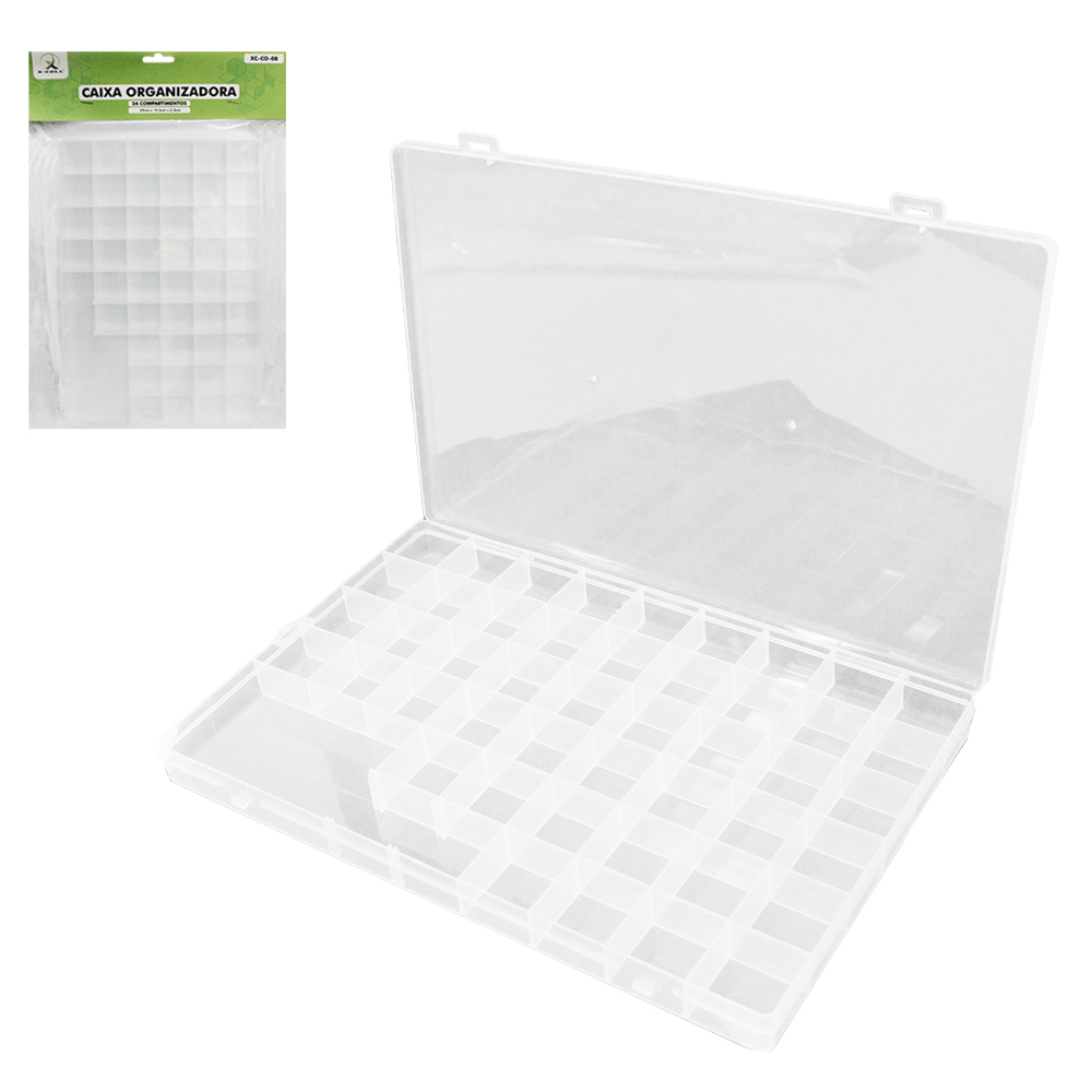 ESTOJO CAIXA ORGANIZADOR DE PLASTICO RETANGULAR 54 COMPARTIMENTOS (DIVISORIAS) + TRAVA X-CELL 29X19,5X2,3CM