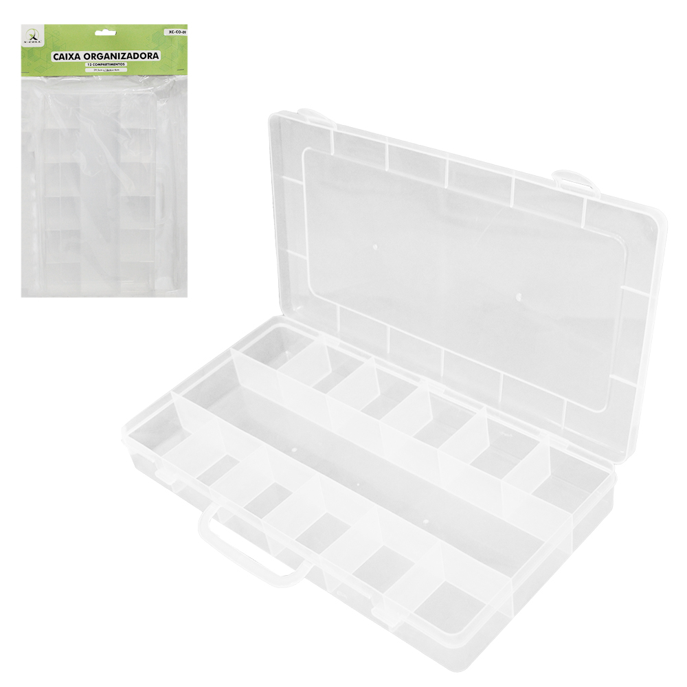 ESTOJO CAIXA ORGANIZADOR DE PLASTICO RETANGULAR 12 COMPARTIMENTOS (DIVISORIAS) + TRAVA X-CELL 29,5X16X4CM
