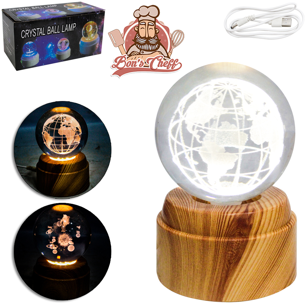 ENFEITE LUMINOSO DECORATIVO ESFERA DE VIDRO PLANETA COM BASE DE PLASTICO GIRATORIA + 6 LEDS USB