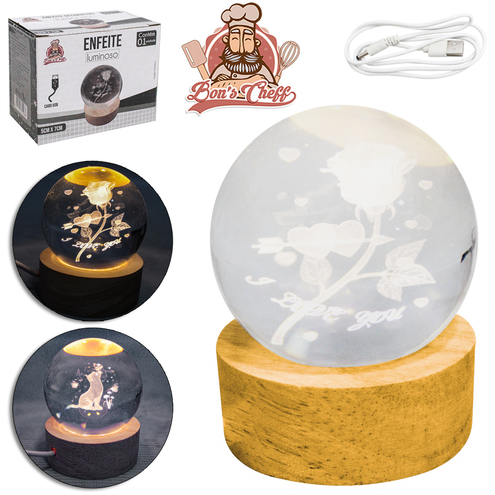 ENFEITE LUMINOSO DECORATIVO ESFERA DE VIDRO COM BASE DE MADEIRA + 6 LEDS USB