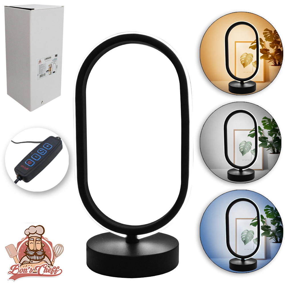 ABAJUR LUMINARIA COM DIMMER LED 3 CORES OVAL COM BASE PRETO USB 30,5X10CM