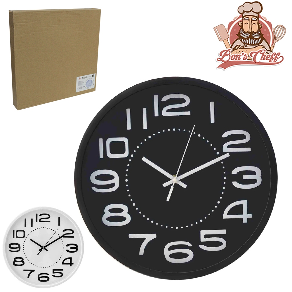 RELOGIO DE PAREDE REDONDO NUMERO METALIZADO BRANCO / PRETO 30CM DE Ø