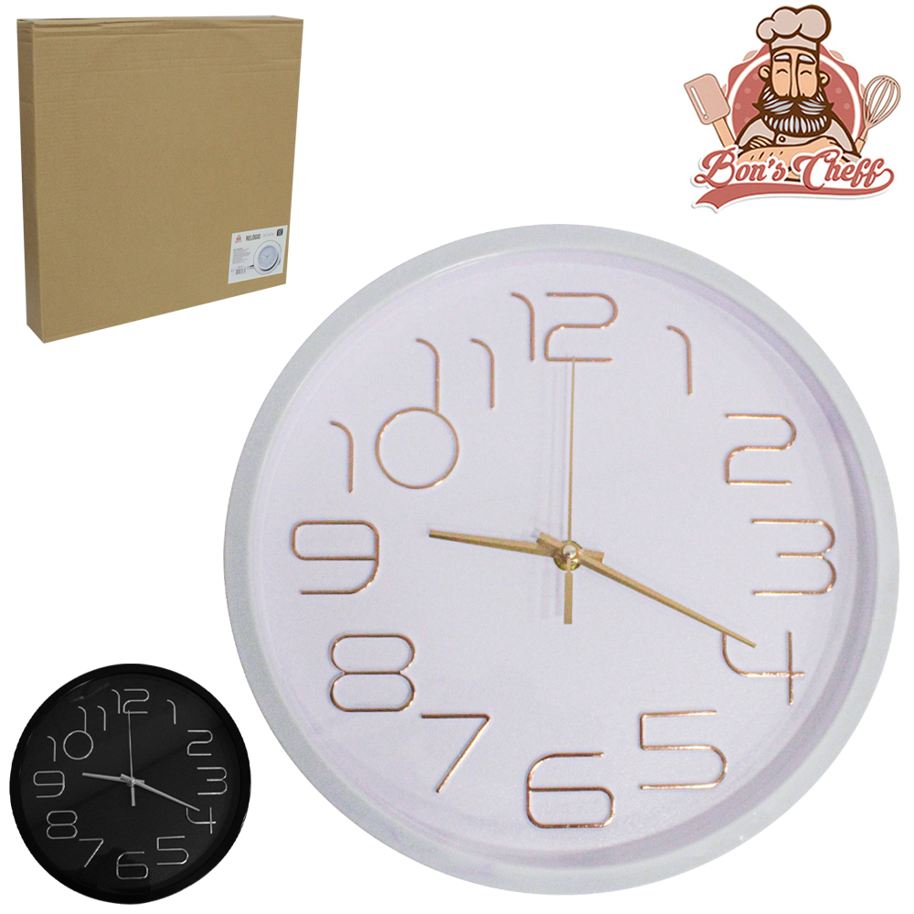 RELOGIO DE PAREDE REDONDO NUMERO METALIZADO BRANCO / PRETO 30CM DE Ø