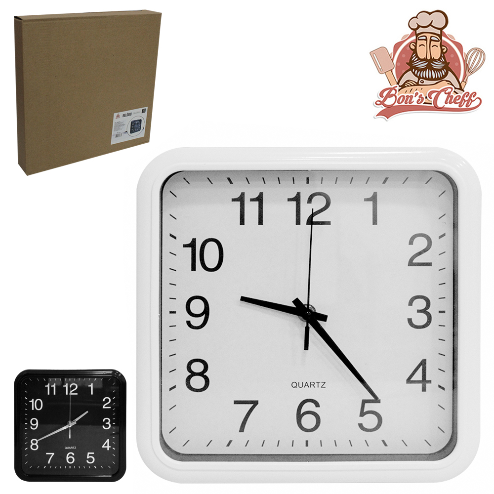 RELOGIO DE PAREDE QUADRADO BRANCO / PRETO 25CM