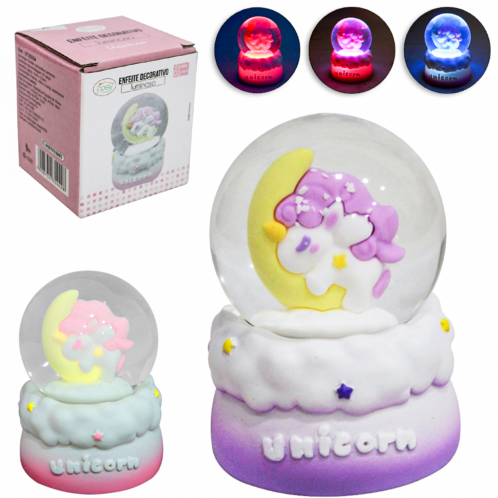 ENFEITE CUPULA COM UNICORNIO + MICRO LED E BASE DE RESINA A BATERIA 6,5X5CM DE Ø