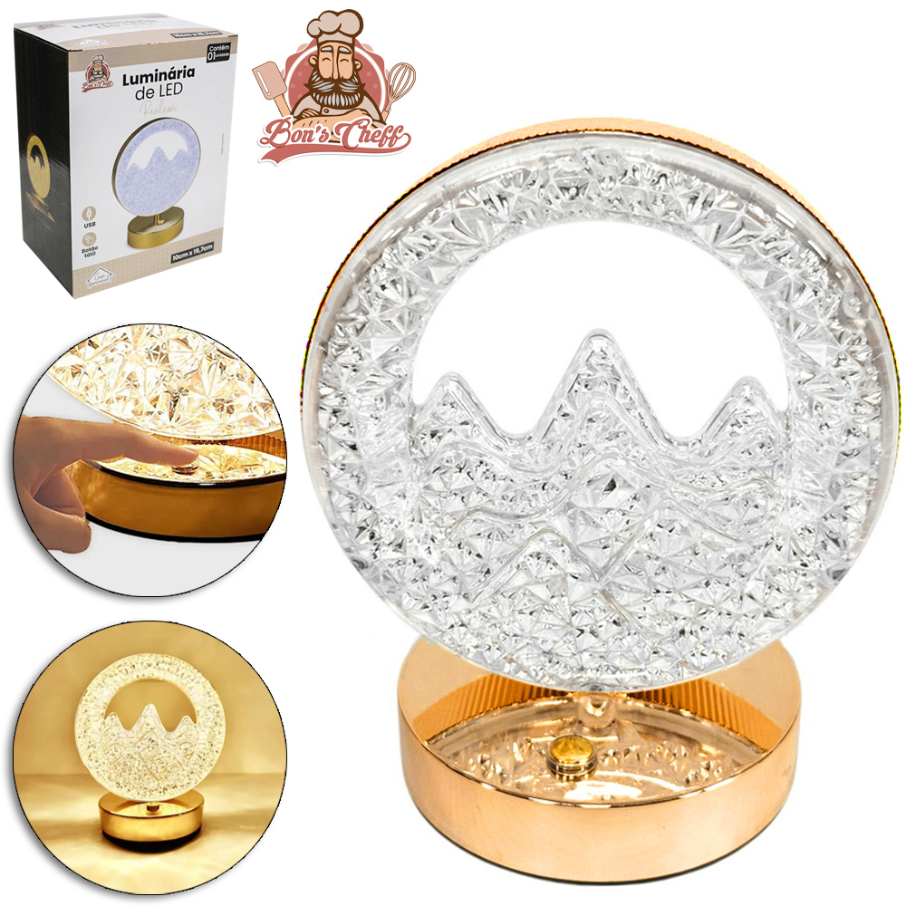 LUMINARIA DE MESA REALEZA LED REDONDA TOUCH RECARREGAVEL + CABO USB 15,7X10CM