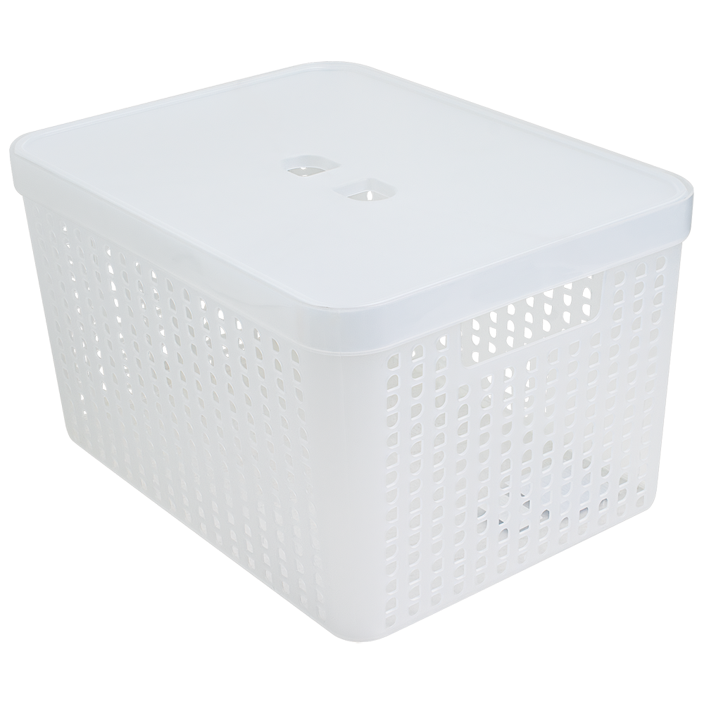 CESTO CAIXA ORGANIZADOR DE PLASTICO RETANGULAR VAZADO EMPILHAVEL COM TAMPA + ALCA TRANSPARENTE 17L 35,6X27X20CM
