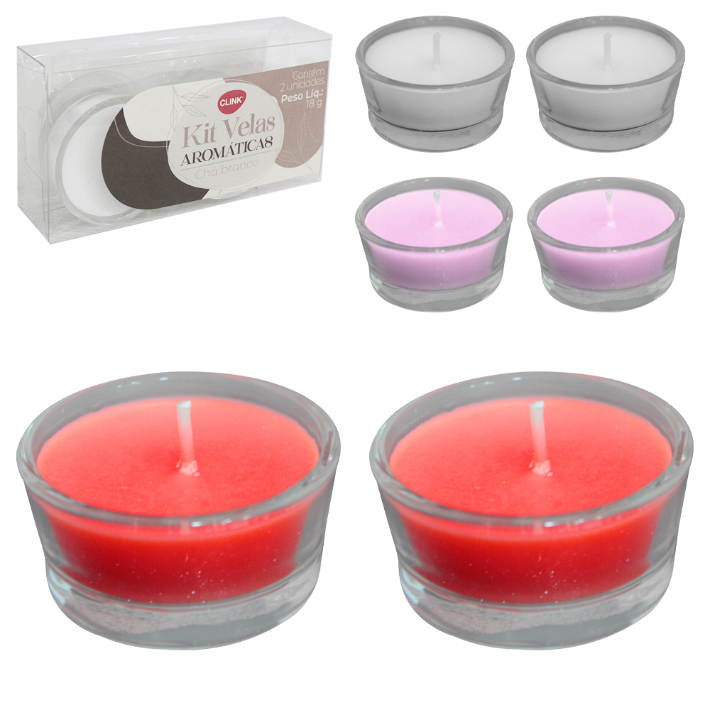 VELA DECORATIVA AROMATICA CHA BRANCO CASTICAL DE VIDRO REDONDO COM 2 PECAS 2,7X5CM DE Ø