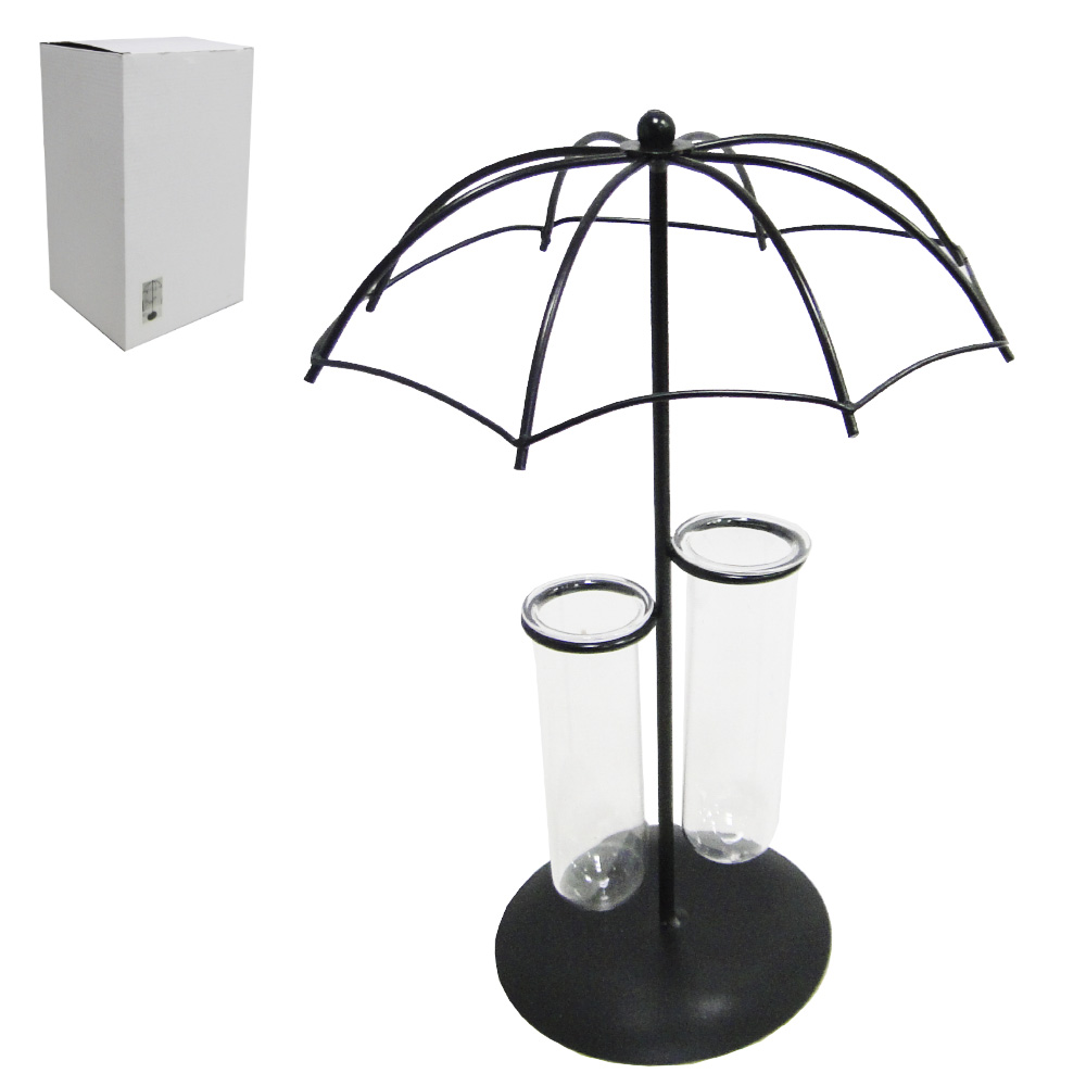 ENFEITE ARAMADO GUARDA CHUVA COM 2 VASOS DE VIDRO REDONDO PRETO 26X17CM DE Ø