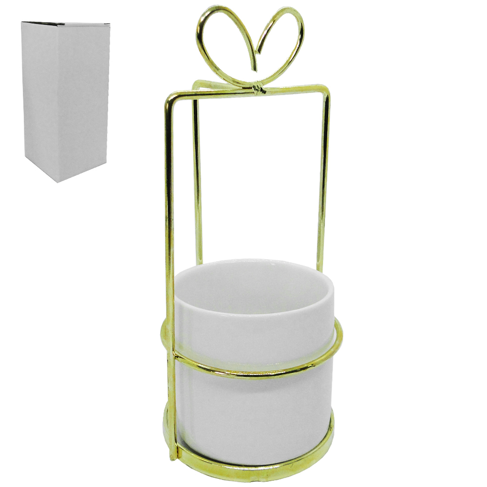 VASO DECORATIVO DE PORCELANA REDONDO COM SUPORTE ARAMADO METALIZADO DOURADO 21X9CM DE Ø