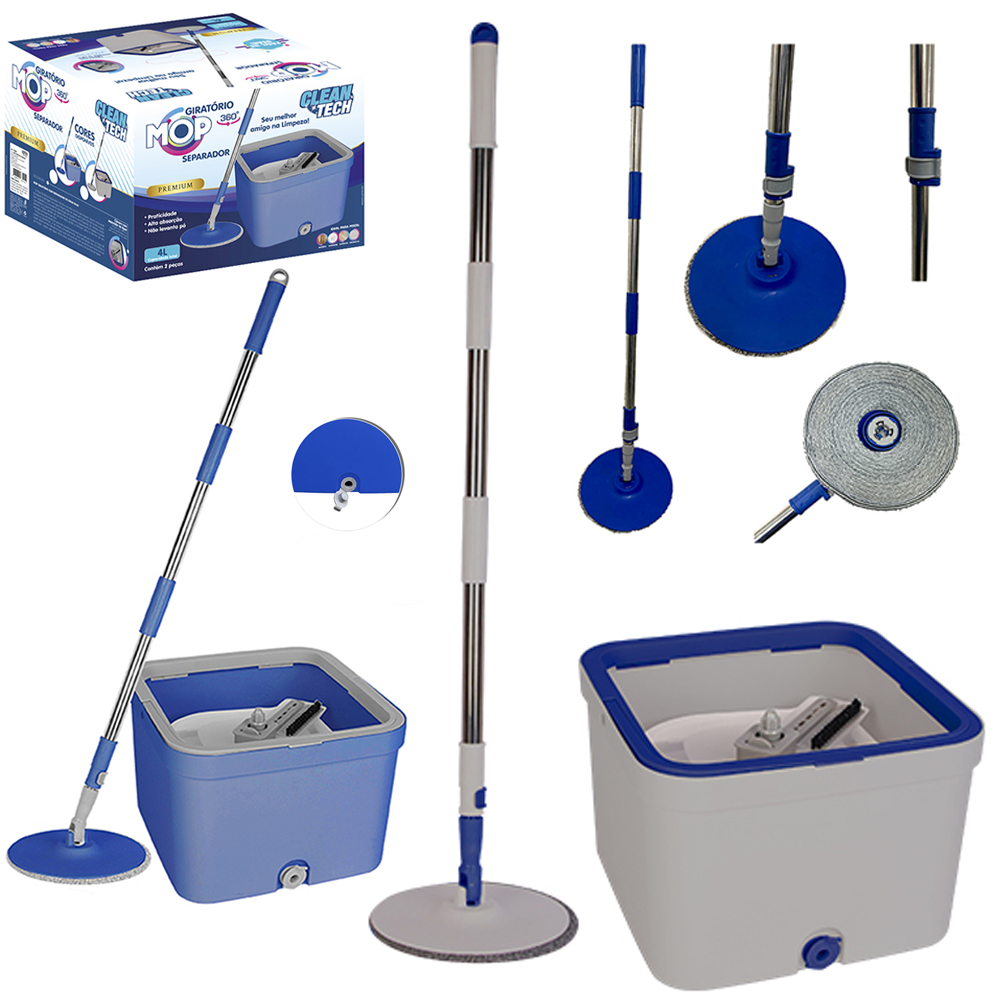 ESFREGAO MOP GIRATORIO 360º SEPARADOR COM BALDE 4L E CABO EXTENSIVEL CLEAN TECH PREMIUM