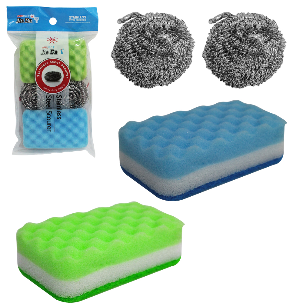ESPONJA / BUCHA DE ACO REDONDA COM 2 PECAS 5,5CM DE Ø + 2 ABRASIVAS DUPLA FACE 110X70X30MM