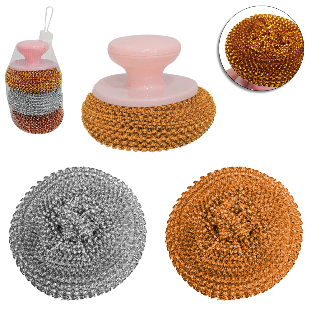 ESPONJA / BUCHA REDONDA PARA LIMPEZA ANTI-RISCO MULTIUSO CABO PLASTICO COM 3 PECAS 6X7CM DE Ø