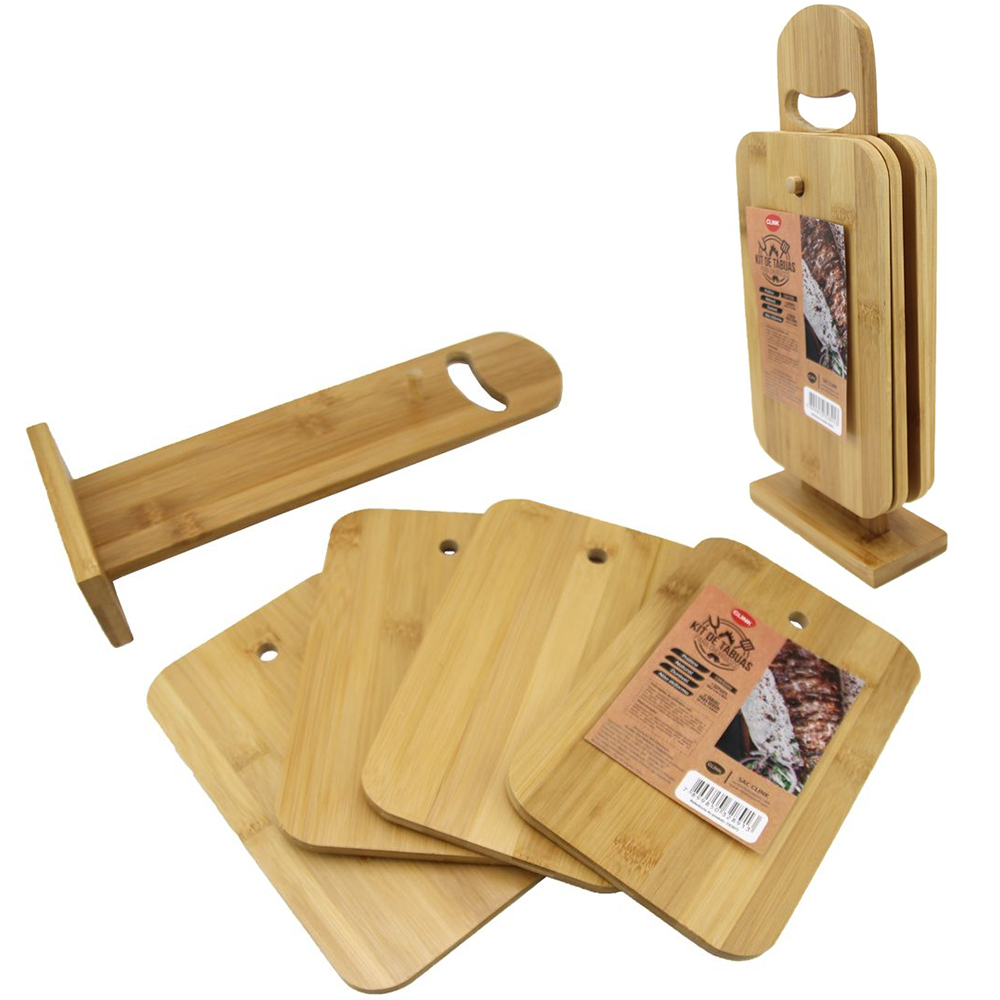 TABUA DE CORTE COM SUPORTE DE MADEIRA / BAMBU PARA CHURRASCO RETANGULAR 5 PECAS