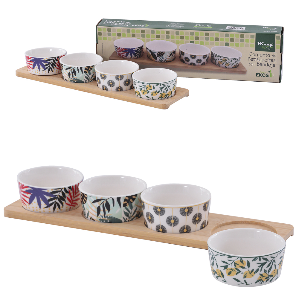 CONJUNTO PETISQUEIRA DE PORCELANA 4 PECAS 150ML + BANDEJA DE BAMBU EKOS 38X10CM