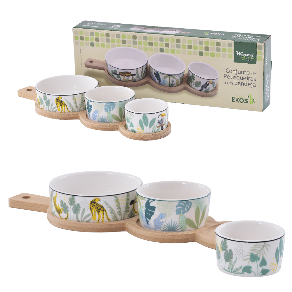 CONJUNTO PETISQUEIRA DE PORCCELANA 3 PECAS 100/150/250ML + BANDEJA BAMBU EKOS 35X12CM