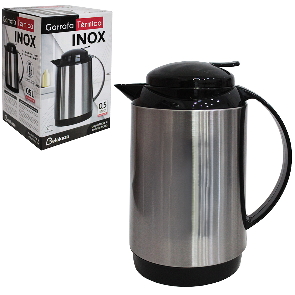GARRAFA TERMICA INOX COM AMPOLA DE VIDRO COM GATILHO 500ML
