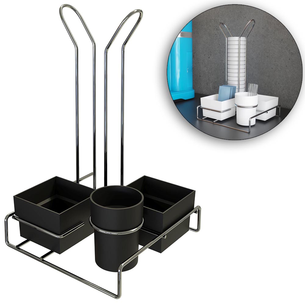SUPORTE ORGANIZADOR ARAMADO PARA CHA / CAFE COM 3 DIVISORIAS E PORTA COPOS BLACK 27,5X17CM