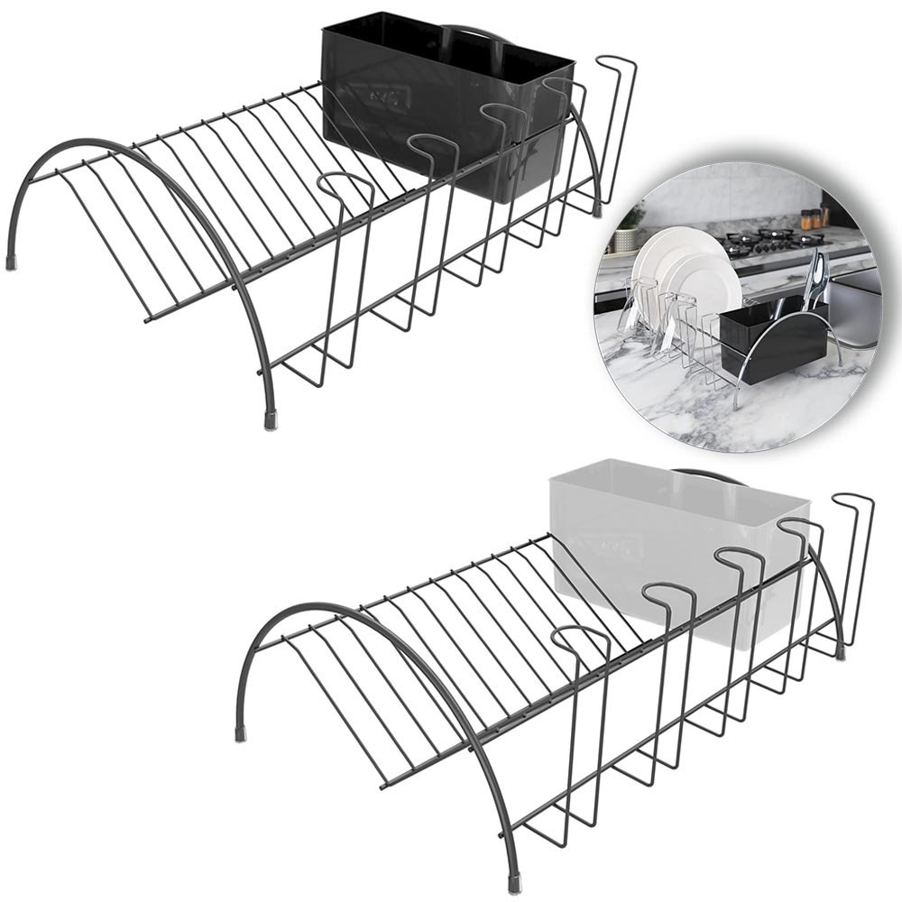 ESCORREDOR SECADOR DE PRATOS / COPOS ARAMADO CAMA BLACK / WHITE COM PORTA TALHER DE PLASTICO 37,5X27,5X14,5CM