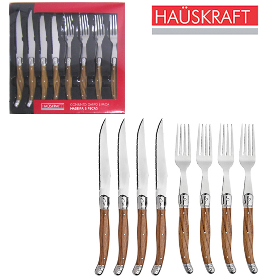 CONJUNTO DE TALHERES / FAQUEIRO DE INOX COM 8 PECAS CABO TIPO MADEIRA HAUSKRAFT
