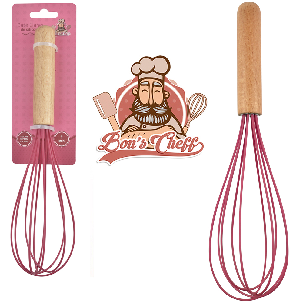 BATEDOR DE CLARA FOUET MANUAL DE SILICONE VINHO CABO MADEIRA BONS CHEFF 26X7CM