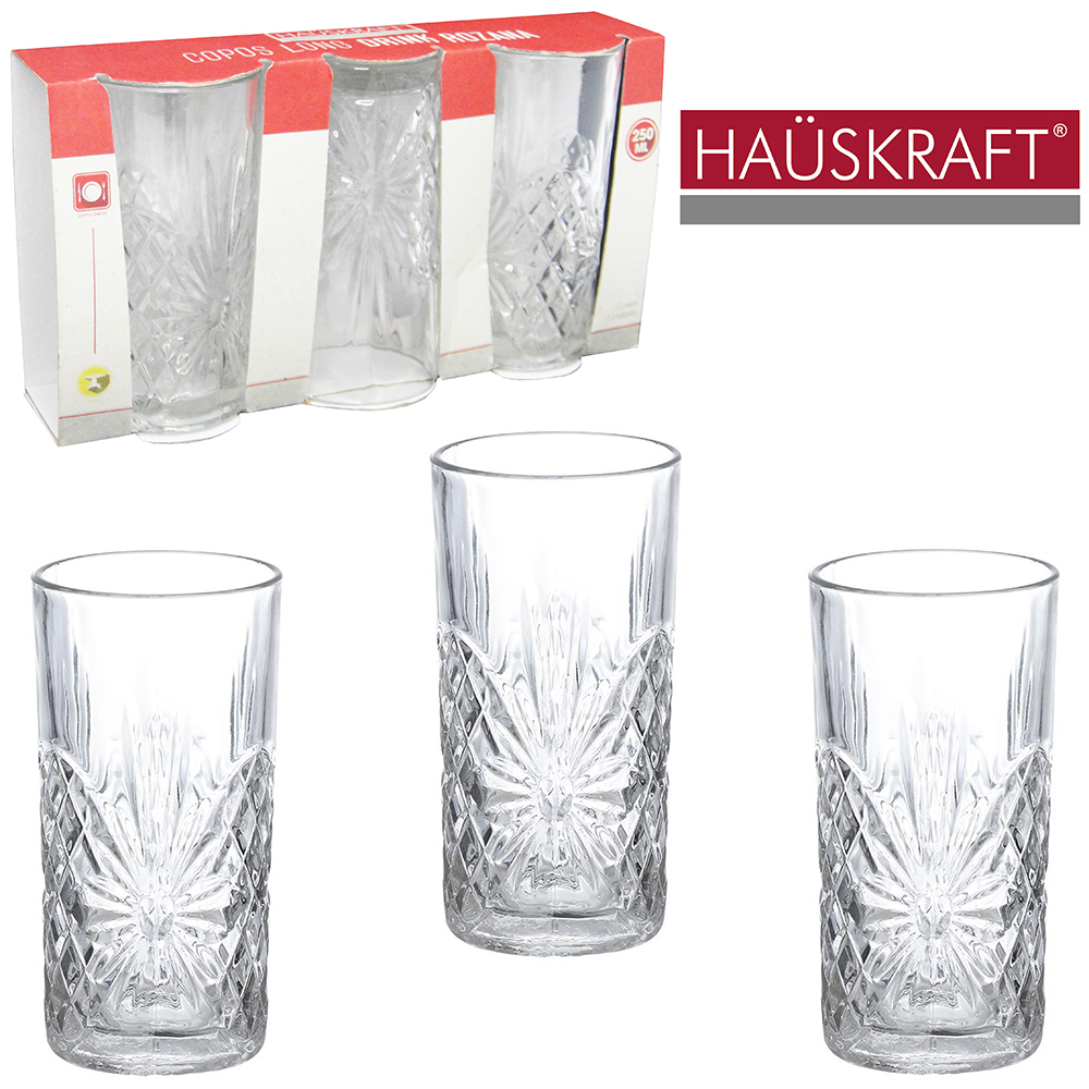 JOGO DE COPO DE VIDRO LONG DRINK ROZANA HAUSKRAFT COM 3 PECAS 250ML