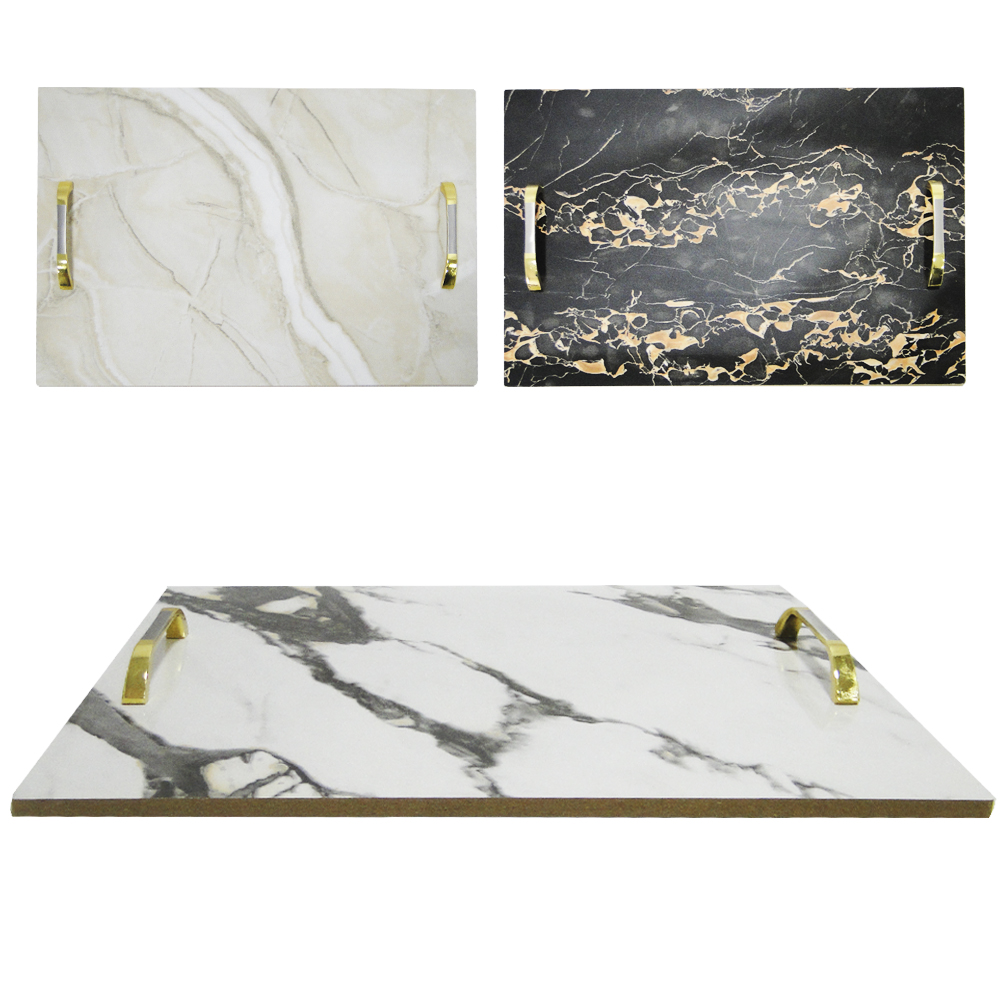 BANDEJA DE MADEIRA MDF RETANGULAR DECORATIVA COM ALCA DE METAL MARMORE 40X30CM